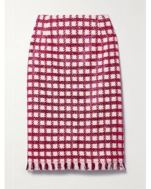 Oscar de la Renta Frayed Checked Metallic Wool-Blend Tweed Skirt - Red