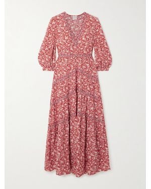 Loretta Caponi Pienza Tiered Lace-Trimmed Floral-Print Lyocell Midi Dress