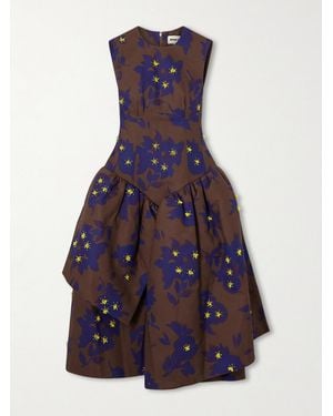 ShuShu/Tong Asymmetric Embellished Gathered Printed Taffeta Dress - Purple
