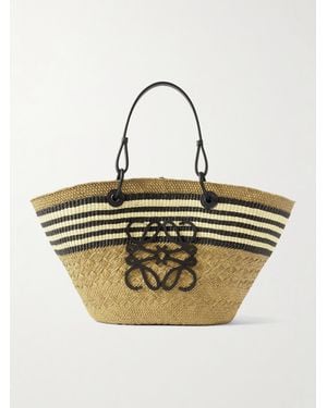 Loewe Paula's Ibiza Anagram Basket Medium Leather-Trimmed Striped Raffia Tote - Metallic