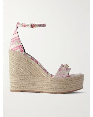 Versace Embellished Printed Leather Espadrille Wedge Sandals - Natural