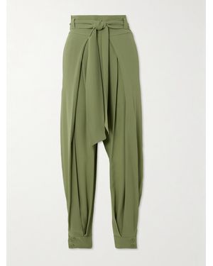 Loro Piana Gralan Belted Pleated Silk-Crepe Tapered Pants - Green