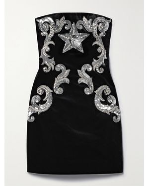 Balmain Strapless Embellished Cotton-Velvet Mini Dress - Black