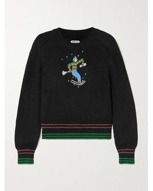 Bode Ski Run Cropped Embroidered Striped Alpaca Sweater - Black