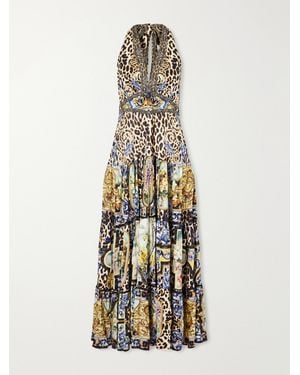 CAMILLA Tiered Crystal-Embellished Printed Jersey Maxi Dress - White