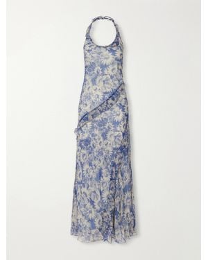 SIR. Lilia Open-Back Ruffled Floral-Print Crepon Halterneck Maxi Dress - Blue