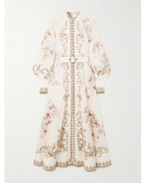 Zimmermann Belted Floral-Print Linen Midi Dress - Natural