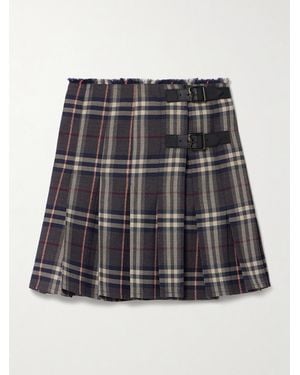 Burberry Leather-Trimmed Pleated Checked Wool Mini Skirt - Black