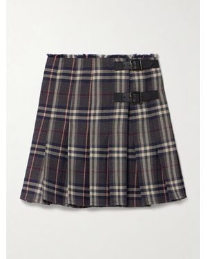 Burberry Leather-Trimmed Pleated Checked Wool Mini Skirt - Black