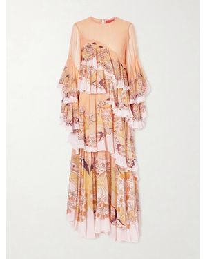 La DoubleJ Naiad Asymmetric Tiered Floral-Print Silk-Chiffon Maxi Dress - White
