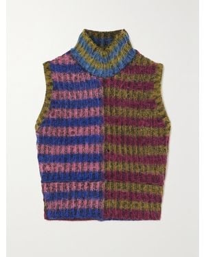 AGR Verkürzter Ärmelloser Pullover Aus Einer Gestreiften Gebürsteten Baumwollmischung Mit Stehkragen - Blau
