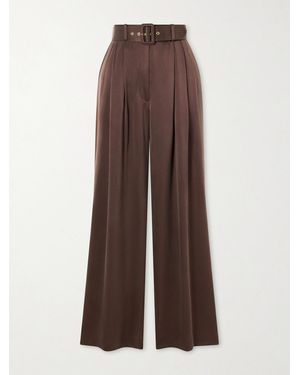 Zimmermann Belted Pleated Silk Wide-Leg Pants - Brown