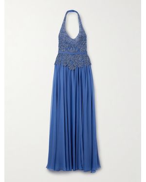Zuhair Murad Silk Crepe De Chine And Embellished Tulle Halterneck Gown - Blue