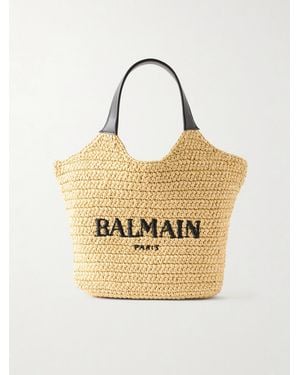 Balmain Cabas Mini Leather-Trimmed Raffia Shoulder Bag - Natural
