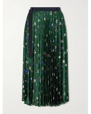 Sacai Belted Grosgrain-Trimmed Pleated Floral-Print Satin Midi Skirt - Green