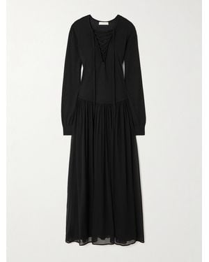 Ulla Johnson Colette Pleated Lace-Up Wool And Silk-Blend And Chiffon Midi Dress - Black