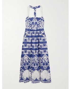 Borgo De Nor Robe Midi En Coton Mélangé À Broderies Et À Finitions En Dentelle Mavaro - Bleu
