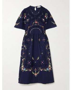 Sea Edwina Floral Lace-Trimmed Embroidered Cotton Midi Dress - Blue