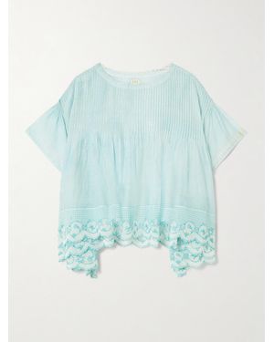 Eka Cai Pintucked Embroidered Checked Cotton And Silk-Blend Voile Blouse - Blue