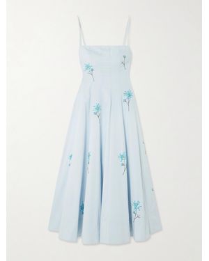 STAUD Wylie Embellished Embroidered Cotton-Blend Poplin Midi Dress - Blue