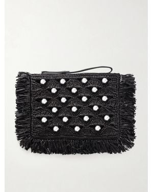 Rabanne Fringed Studded Raffia Clutch - Black