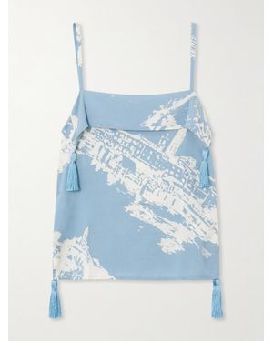 Bottega Veneta Tasselled Printed Silk And Cotton-Blend Shantung Tank - Blue