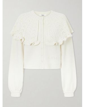 Chloé Cropped Ruffled Pointelle-Knit Wool And Cashmere-Blend Cardigan - White