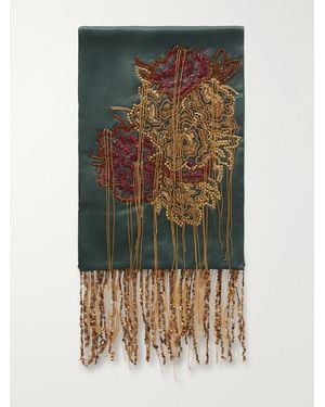 Dries Van Noten Fringed Bead-Embellished Silk Scarf - Green