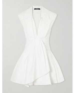 Balmain Belted Pleated Cotton-Poplin Mini Dress - White