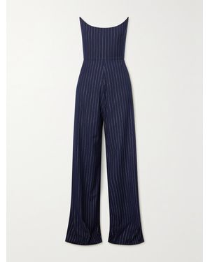 Alex Perry Strapless Pinstriped Metallic Twill Jumpsuit - Blue