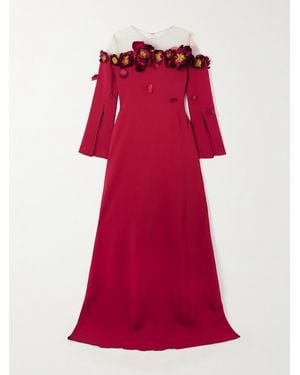 Oscar de la Renta Embellished Mesh-Trimmed Crepe Gown - Red