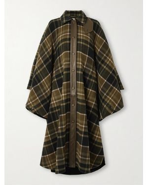 Chloé Oversized Leather-Trimmed Checked Wool-Blend Flannel Coat - Green