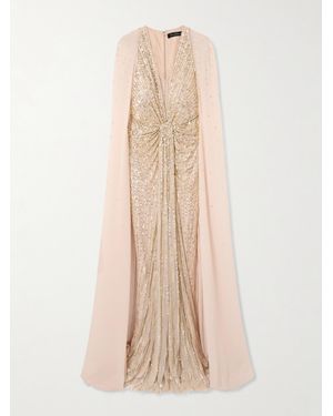 Jenny Packham Zenith Cape-Effect Embellished Sequined Chiffon Gown - Natural