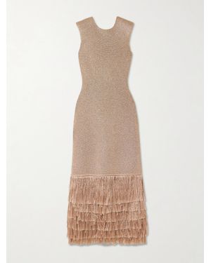 Aje. Breeze Fringed Metallic Knitted Midi Dress - Natural