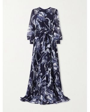 Erdem Belted Pleated Printed Chiffon Gown - Blue
