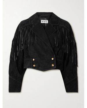 RIXO London Darragh Fringed Double-Breasted Suede Jacket - Black