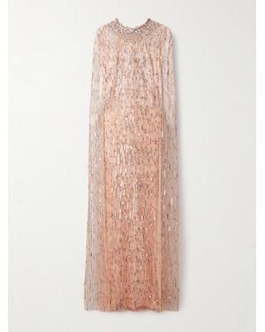 Jenny Packham Cape-Effect Embellished Tulle Gown - Pink