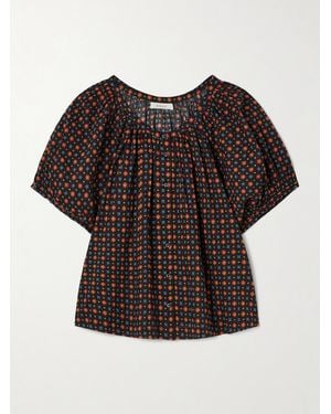 Doen June Gathered Floral-Print Organic Cotton-Voile Blouse - Black