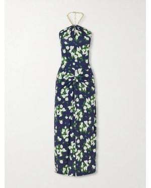 Carolina Herrera Floral-Print Embellished Satin Halterneck Midi Dress - Blue