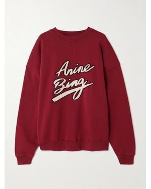 Anine Bing Miles Appliquéd Chenille-Trimmed Cotton-Jersey Sweatshirt - Red