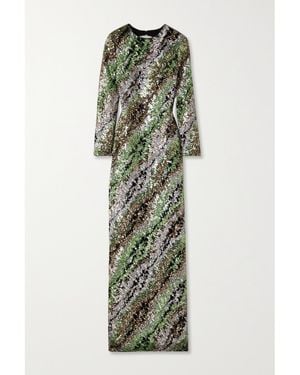 Halpern Open-Back Striped Sequined Tulle Maxi Dress - Green