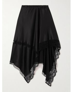 Dries Van Noten Asymmetric Lace-Trimmed Silk-Blend Satin Midi Skirt - Black