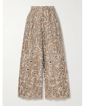Agua Bendita Piñon Petalo Embroidered Linen Wide-Leg Pants - Natural