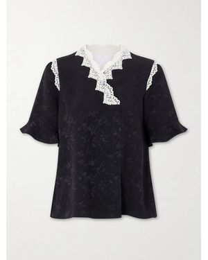 Maison Mayle Margarita Mesh And Crochet-Trimmed Floral-Jacquard Silk-Crepe Blouse - Black