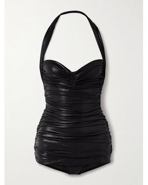 Norma Kamali Bill Mio Ruched Metallic Halterneck Swimsuit - Black