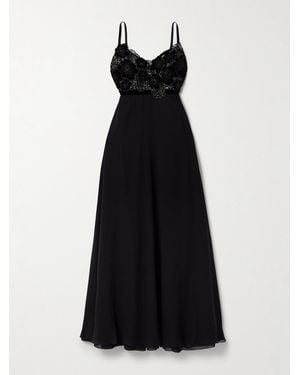 Loretta Caponi Pansy Velvet-Trimmed Silk-Georgette And Metallic Lace Maxi Dress - Black