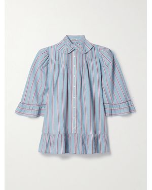 Bode Ruffled Embroidered Striped Cotton-Voile Mini Shirt Dress - Blue
