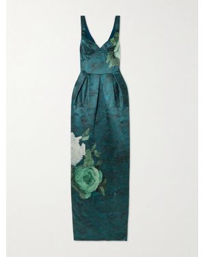 Erdem Pleated Floral-Print Crinkled-Satin Gown - Green