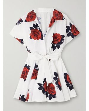 Norma Kamali Pleated Floral-Print Satin Mini Wrap Dress - Red