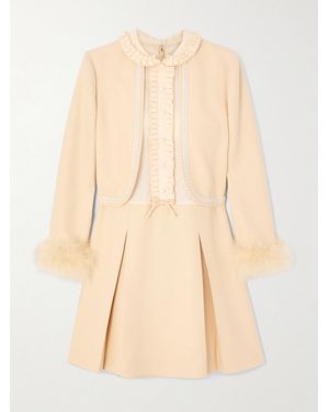 Valentino Garavani Feather-Trimmed Embellished Jacquard And Woven Mini Dress - Natural